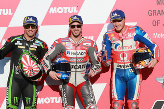 Le poleman Andrea Dovizioso, Ducati Team, le deuxième, Johann Zarco, Monster Yamaha Tech 3, le troisième, Jack Miller, Pramac Racing