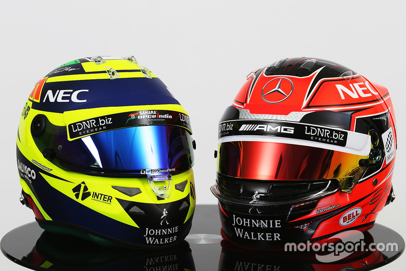 (L to R): The helmets of Sergio Perez, Sahara Force India F1 and Esteban Ocon, Sahara Force India F1 Team
