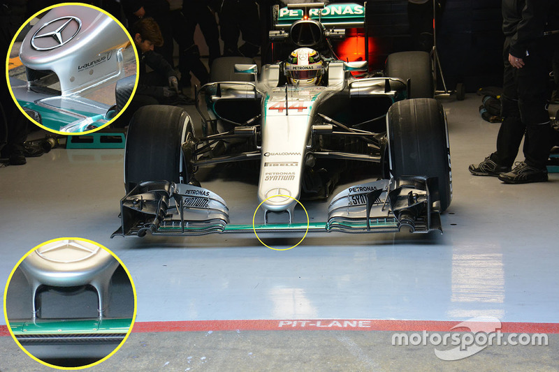 Détails de l'aileron avant de la Mercedes AMG F1 Team W07 de Lewis Hamilton