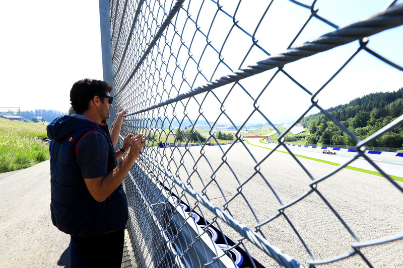 Mark Webber watches as Marc Marquez, tests the Toro Rosso F1 car