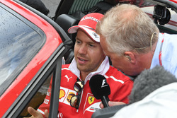 Sebastian Vettel, Ferrari talks to Johnny Herbert, Sky TV on the drivers parade