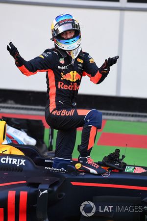 Race winner Daniel Ricciardo, Red Bull Racing RB13 celebrates in parc ferme