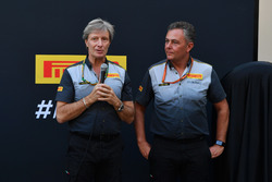 Roberto Boccafogli, Capo delle Comunicazioni F1 Pirelli e Mario Isola, Direttore Sportivo Pirelli alla presentazione delle Pirelli 2018