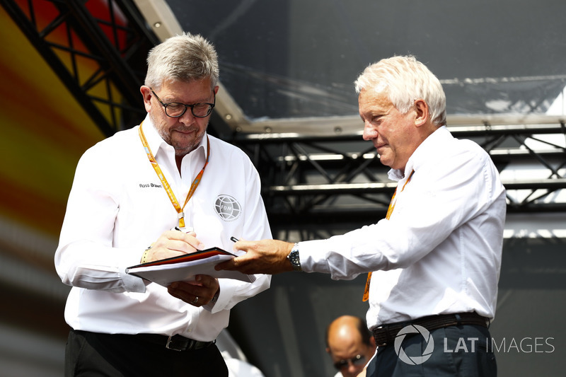 Ross Brawn, Managing Director of Motorsports, FOM,and Charlie Whiting, FIA Race Director, on stage