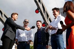 Presenter Jake Humphrey on stage with Maurizio Arrivabene, Ferrari Team Principal, Christian Horner, Team Principal, Red Bull Racing, and Toto Wolff, Executive Director, Mercedes AMG