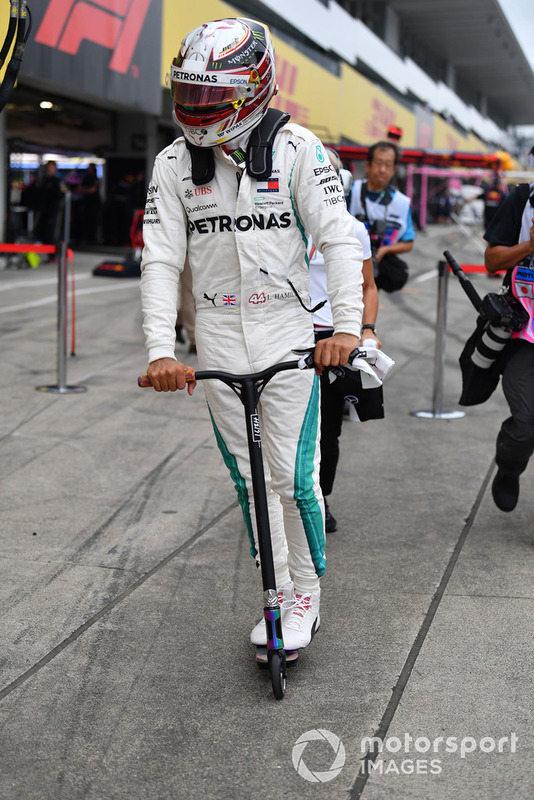 Lewis Hamilton, Mercedes AMG F1 on a scooter