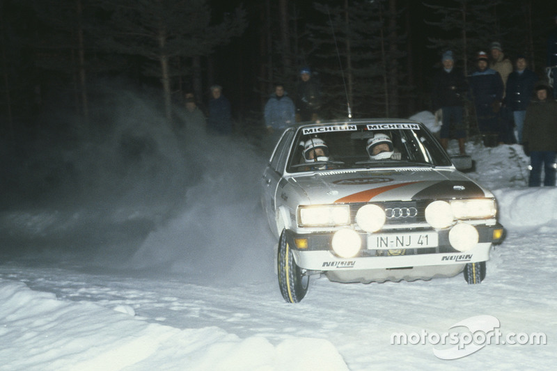 Stig Blomqvist, con un Audi 80 Quattro en el Rally de Suecia 1983
