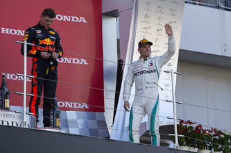 Valtteri Bottas, Mercedes AMG F1 and Max Verstappen, Red Bull Racing RB14 celebrate on the podium