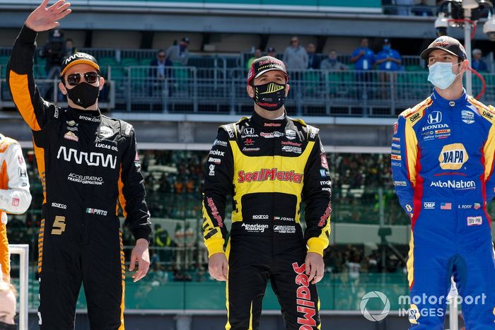 Patricio O'Ward, Arrow McLaren SP Chevrolet, Ed Jones, Dale Coyne Racing with Vasser Sullivan Honda, Alexander Rossi, Andretti Autosport Honda