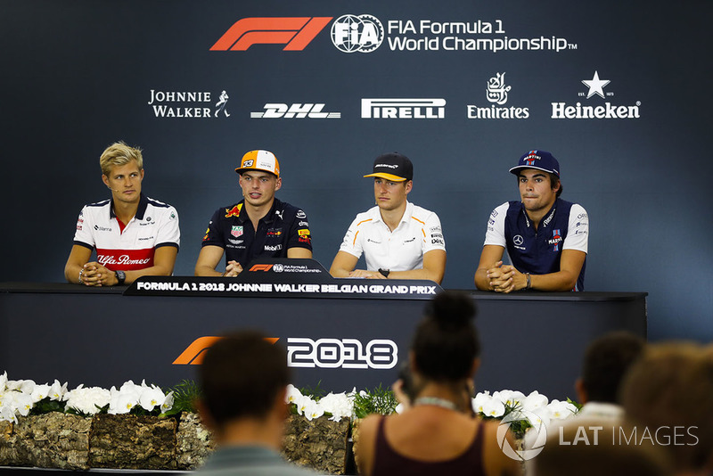 Marcus Ericsson, Sauber, Max Verstappen, Red Bull Racing, Stoffel Vandoorne, McLaren, and Lance Stroll, Williams Racing, in the Thursday press conference