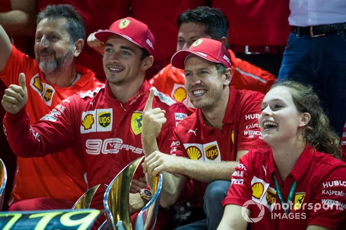 Charles Leclerc, Ferrari and Race winner Sebastian Vettel, Ferrari pose for a team photograph