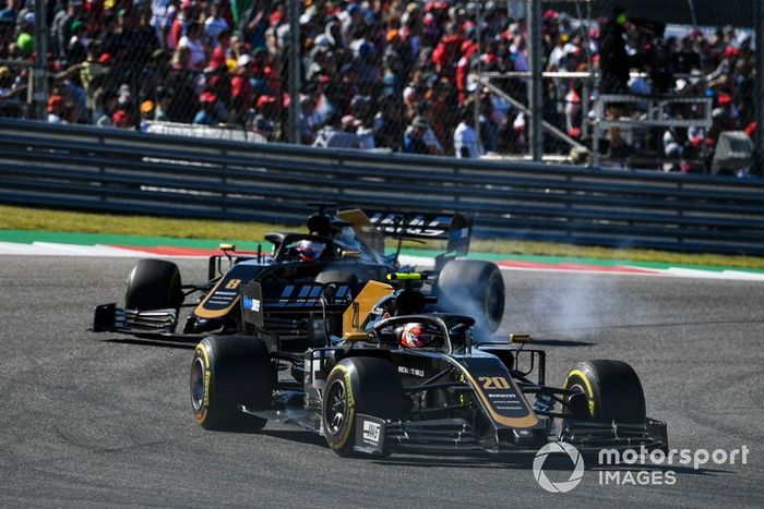 Kevin Magnussen, Haas VF-19 Team, leads Romain Grosjean, Haas VF-19 Team