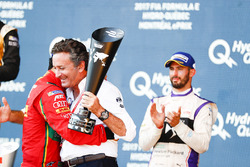 Lucas di Grassi, ABT Schaeffler Audi Sport, celebrates on the podium with Alejandro Agag, Formula E