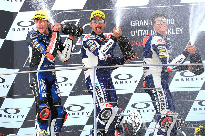 Podio: ganador de la carrera Jorge Martin, Del Conca Gresini Racing Moto3, segundo lugar Marco Bezzecchi, Prustel GP, tercer puesto Fabio Di Giannantonio, Del Conca Gresini Racing Moto3