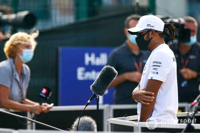 Lewis Hamilton, Mercedes AMG F1, talks to the media