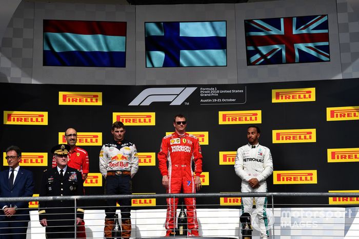 Podio: segundo lugar Max Verstappen, Red Bull Racing, ganador de la carrera Kimi Raikkonen, Ferrari y tercer lugar Lewis Hamilton, Mercedes AMG F1
