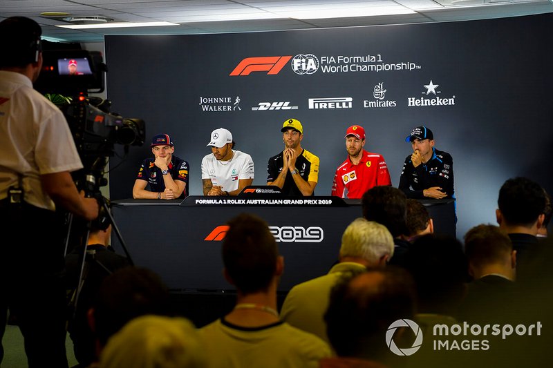 Max Verstappen, Red Bull Racing, Lewis Hamilton, Mercedes AMG F1, Daniel Ricciardo, Renault F1 Team, Sebastian Vettel, Ferrari e Robert Kubica, Williams Racing, durante la conferenza stampa