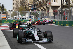 Valtteri Bottas, Mercedes AMG F1 W09, leads Daniel Ricciardo, Red Bull Racing RB14 Tag Heuer, Max Verstappen, Red Bull Racing RB14 Tag Heuer, Kimi Raikkonen, Ferrari SF71H, and Esteban Ocon, Force India VJM11 Mercedes, at the start