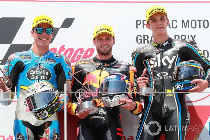 Podio: ganador de la carrera Brad Binder, Red Bull KTM Ajo Moto2, segundo clasificado Joan Mir, Marc VDS Moto2, tercer clasificado Luca Marini, Sky Racing Team VR46 Moto2