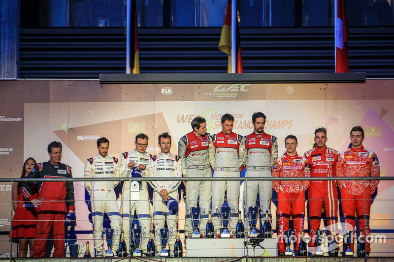 Podium: race winner Lucas di Grassi, Loic Duval, Oliver Jarvis, Audi Sport Team Joest, second place Romain Dumas, Neel Jani, Marc Lieb, Porsche Team, third place Matheo Tuscher, Dominik Kraihamer, Alexandre Imperatori, Rebellion Racing