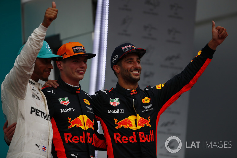 second place Lewis Hamilton, Mercedes AMG F1, Max Verstappen, Red Bull Racing, race winner, third place Daniel Ricciardo, Red Bull Racing, on the podium