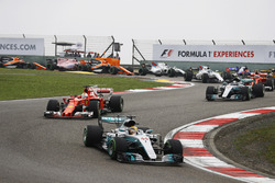 Lewis Hamilton, Mercedes AMG F1 W08, leads Sebastian Vettel, Ferrari SF70H, Valtteri Bottas, Mercede