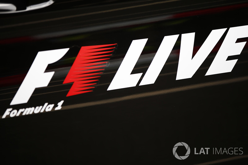 An F1 Live logo, at the London Formula 1 street demonstration parade