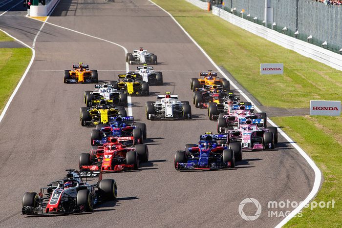 Romain Grosjean, Haas F1 Team VF-18, Sebastian Vettel, Ferrari SF71H, Pierre Gasly, Scuderia Toro Rosso STR13, Brendon Hartley, Toro Rosso STR13, Sergio Perez, Racing Point Force India VJM11,