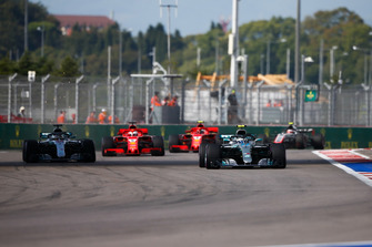 Valtteri Bottas, Mercedes AMG F1 W09, leads Lewis Hamilton, Mercedes AMG F1 W09, Sebastian Vettel, Ferrari SF71H, and Kimi Raikkonen, Ferrari SF71H