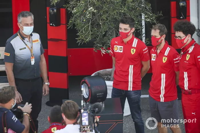 Mario Isola, Racing Manager, Pirelli Motorsport, Charles Leclerc, Ferrari, Sebastian Vettel, Ferrari y Mattia Binotto, Team Principal Ferrari