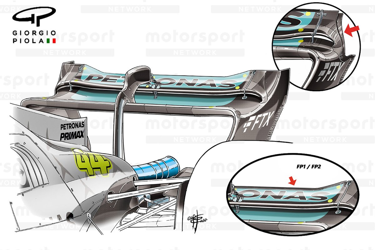 The rear wing of the Mercedes W13
