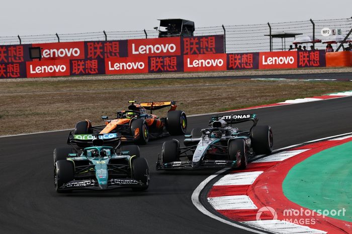 Lando Norris, McLaren, George Russell, Mercedes, Lance Stroll, Aston Martin Racing