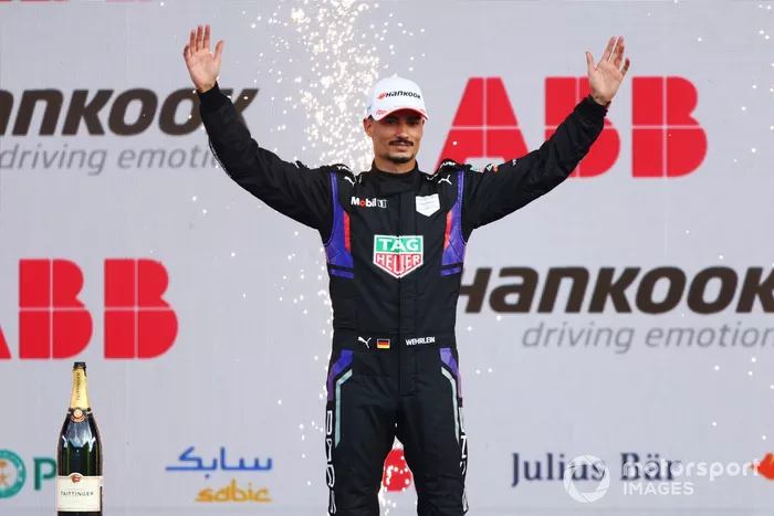 Third placed Pascal Wehrlein , TAG Heuer Porsche Formula E Team celebrates on the podium
