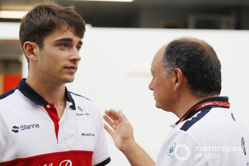 Charles Leclerc, Sauber, talks with Frederic Vasseur, Alfa Romeo Sauber F1 Team, Team Principal