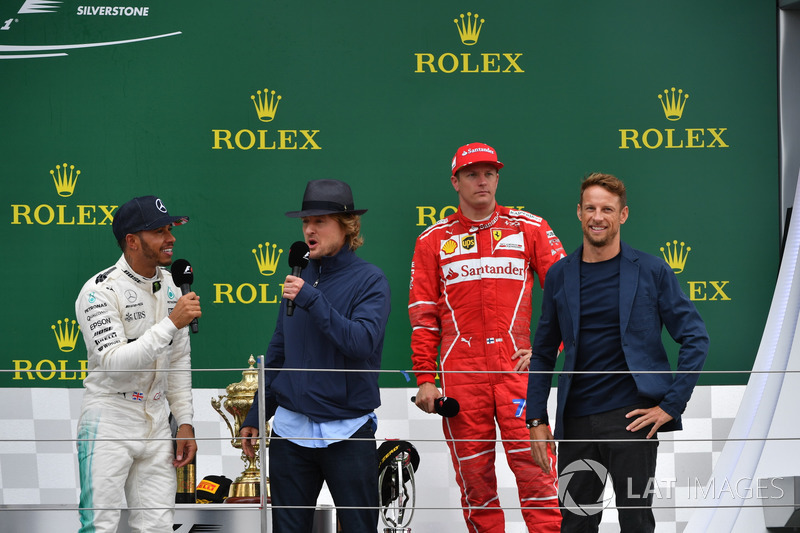 Lewis Hamilton, Mercedes AMG F1, Owen Wilson, Kimi Raikkonen, Ferrari and Jenson Button, McLaren on the podium