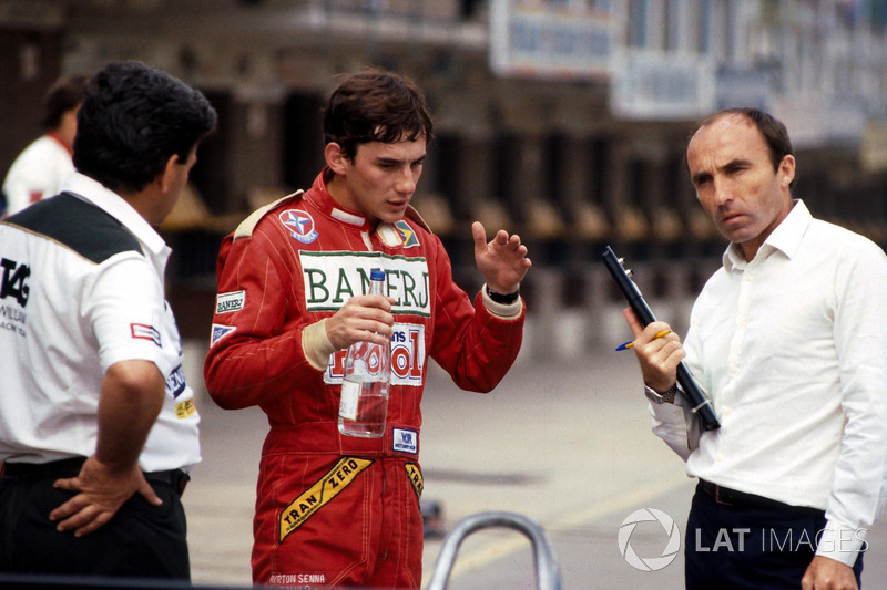 Ayrton Senna, discusses his first run in the Williams FW08C with team owner Frank Williams