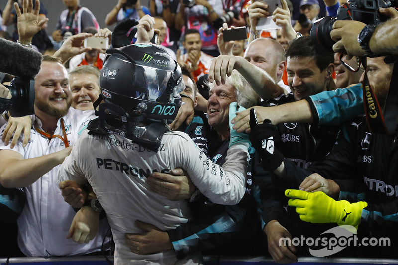 Second place and world champion Nico Rosberg, Mercedes AMG F1, celebrates in Parc Ferme