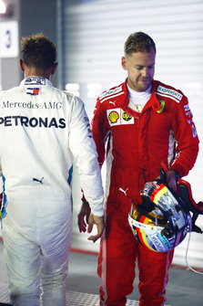 Lewis Hamilton, Mercedes AMG F1 W09 EQ Power+, and Sebastian Vettel, Ferrari SF71H, in Parc Ferme at the end of the race