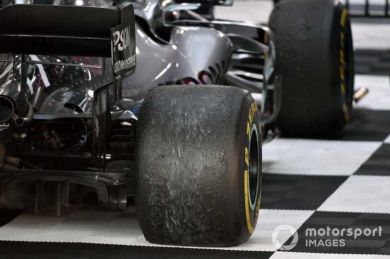 The tyres on the car of Valtteri Bottas, Mercedes AMG W10, after the race