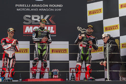 Podium : le vainqueur Jonathan Rea, Kawasaki Racing, le deuxième Marco Melandri, Ducati Team, le troisième Tom Sykes, Kawasaki Racing