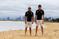 (L to R): Sergio Perez, Sahara Force India F1and team mate Esteban Ocon, Sahara Force India F1 Team on Brighton Beach