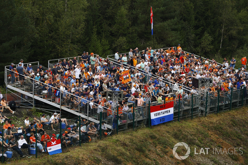 A stand containing a large contingent of Dutch Max Verstappen, Red Bull Racing, fans