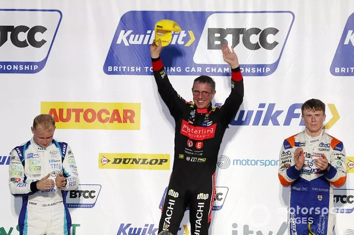 BTCC Race 3 Podium, Ashley Sutton, Team BMR Subaru Levorg, Jason Plato, Power Maxed Racing Vauxhall and Rory Butcher, AmD Tuning Honda Civic 