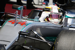 Lewis Hamilton, Mercedes AMG F1 W07 Hybrid celebra su pole position en parc ferme