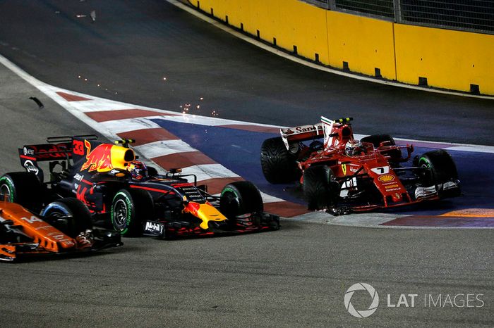 Max Verstappen, Red Bull Racing RB13 crashes and collides, Kimi Raikkonen, Ferrari SF70H at the start of the race