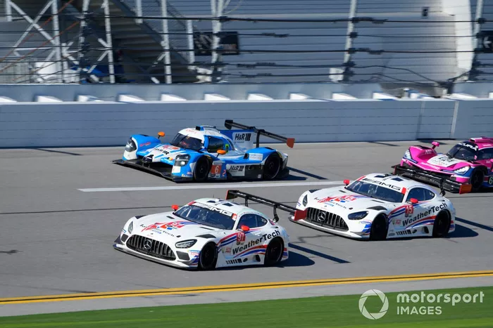 #97 WeatherTech Racing Mercedes-AMG GT3: Cooper MacNeil, Dani Juncadella, Maro Engel, Jules Gounon, #15 Proton USA Mercedes-AMG GT3: Dirk Mueller, Patrick Assenheimer, Austin Cindric, #6 Muehlner Motorsports America Duqueine D08: Moritz Kranz, Ayrton Ori, Joel Miller