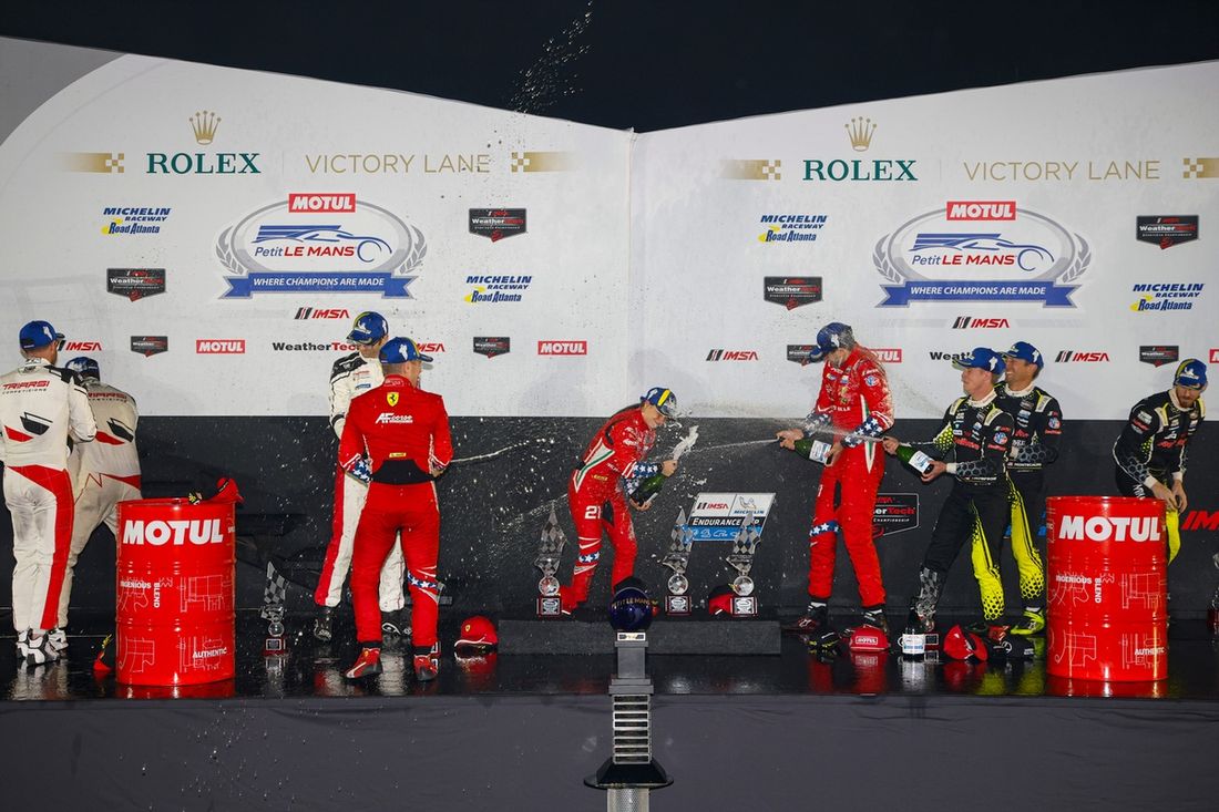 #21 AF Corse Ferrari 296 GT3: Simon Mann, Lilou Wadoux Ducellier, Alessandro Pier Guidi, #023 Triarsi Competizione Ferrari 296 GT3: Onofrio Triarsi, Kenton Koch, James Calado, #12 Vasser Sullivan Racing Lexus RC F GT3: Jack Hawksworth, Parker Thompson, Fr