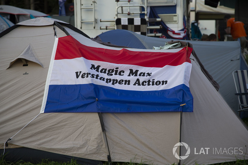 Max Verstappen, Red Bull Racing fans banner on tent on the campsite