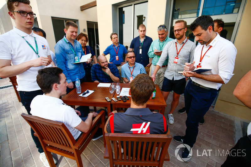 Romain Grosjean, Haas F1 Team, talks to the media