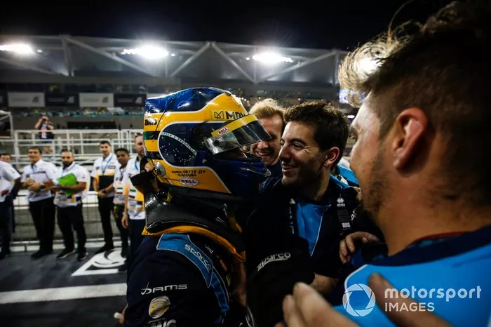 Sergio Sette Camara, Dams, celebrates feature race victory in parc ferme